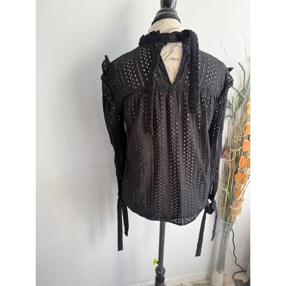 Madewell‎ Black Eyelet Ruffle High Neck Tie Back Long Sleeve Blouse Top 2766